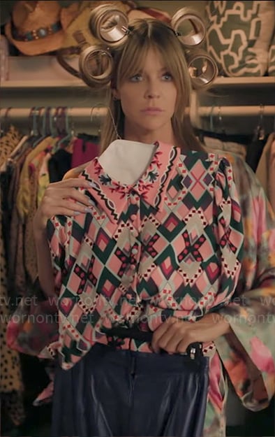 Morgan’s pink geometric print button down blouse on High Potential