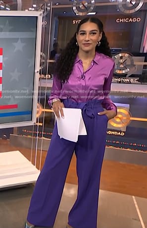 Morgan’s purple silk shirt and paperbag waist pants on NBC News Daily