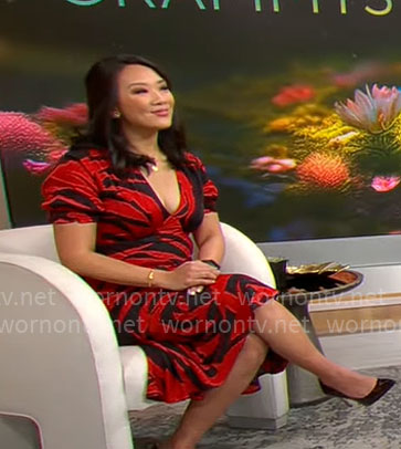 Nancy Chen’s black and red rose print dress on CBS Mornings
