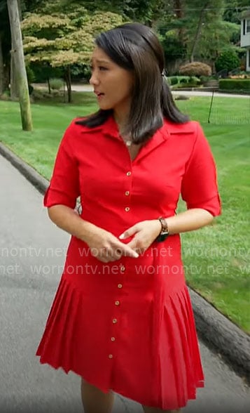 Nancy Chen’s red pleated shirtdress on CBS Mornings