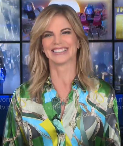 Natalie Morales’ green belt print blouse on CBS Mornings