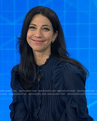 Natalie’s navy ruffled pintuck blouse on Today