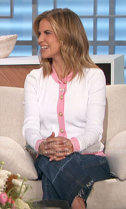 Natalie’s white cardigan with pink trim on The Talk