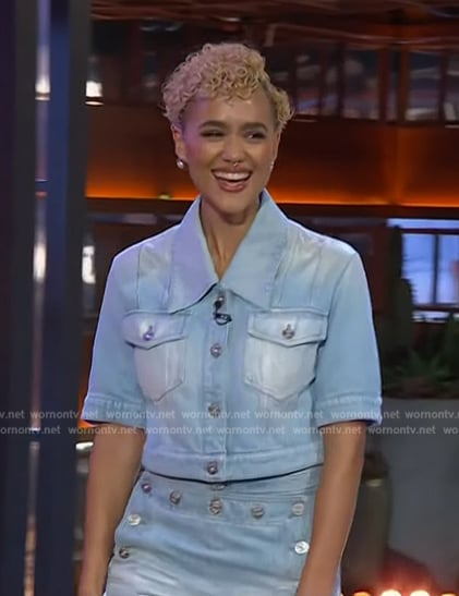 Nathalie Emmanuel’s denim jacket and jeans on The Kelly Clarkson Show
