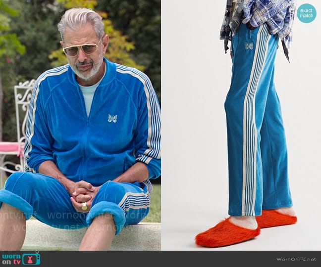Needles Logo-Embroidered Stripe-Trimmed Cotton-Blend Velour Track Pants worn by Zeus (Jeff Goldblum) on Kaos