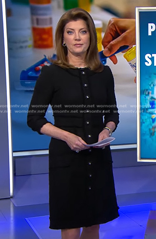 Norah’s black tweed button down dress on CBS Evening News