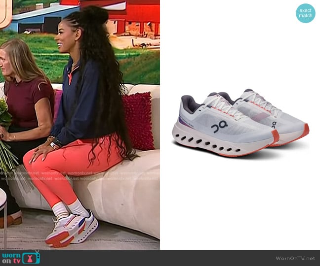 On Cloudsurfer Next Running Shoe in White/ Flame worn by Kirsten Ferguson on Today