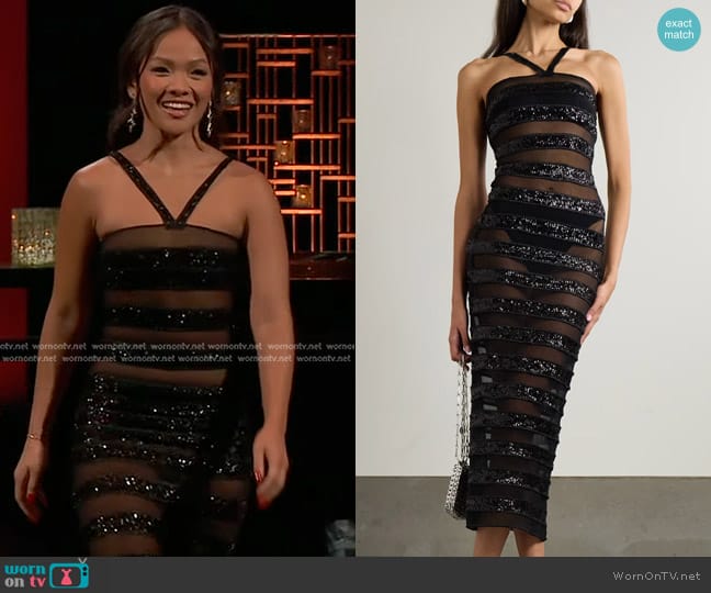 Oséree Sequin-embellished Striped Stretch-tulle Maxi Dress worn by Jenn Tran on The Bachelorette