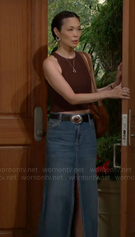 Poppy’s brown tank top and denim skirt on The Bold and the Beautiful