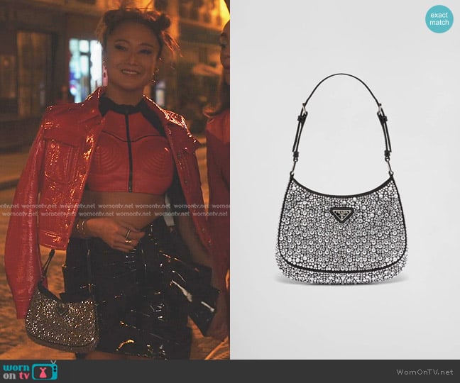 Prada Cleo Satin Bag with Crystals in Metal worn by Mindy Chen (Ashley Park) on Emily in Paris