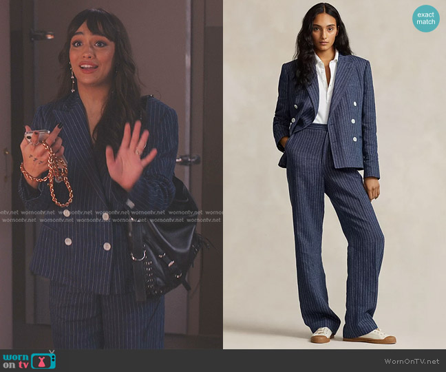 Ralph Lauren Pinstripe Double Breasted Blazer worn by Genevieve (Thalia Besson) on Emily in Paris