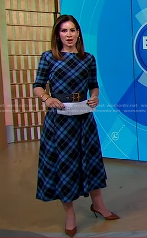 Rebecca Jarvis’s blue plaid midi dress on Good Morning America