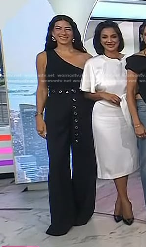 Rebecca Minkoff’s black one-shoulder top and belted pants on Today