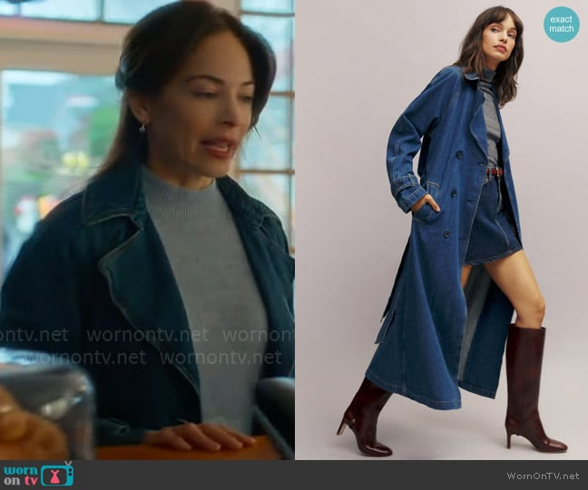 Reformation Hayes Denim Trench worn by Cassandra Lee (Kristin Kreuk) on Murder in a Small Town