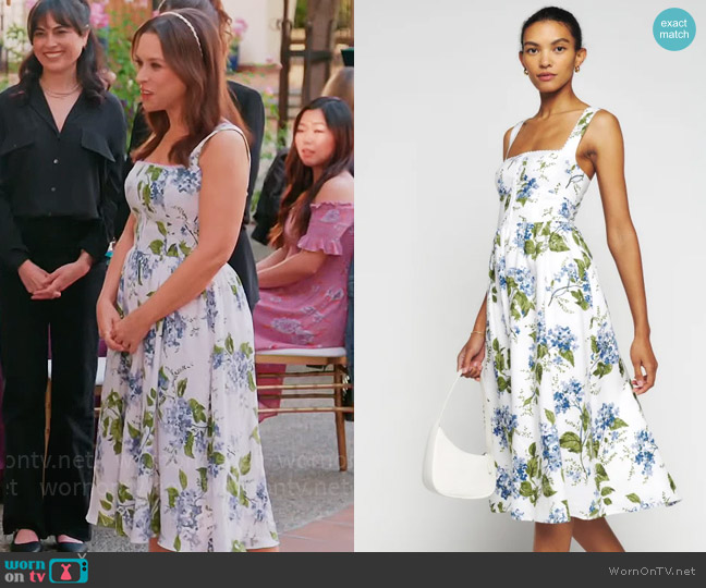Reformation Tagliatelle Linen Dress in Riviera worn by Lacey Chabert on Celebrations with Lacey Chabert