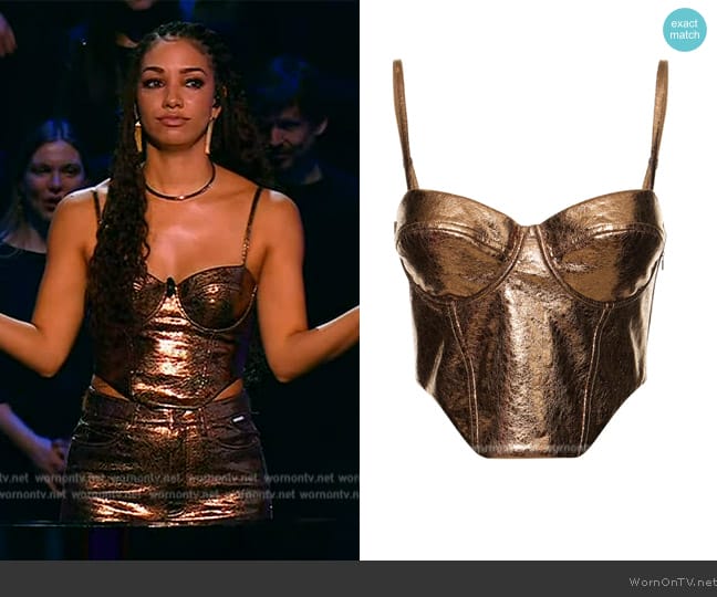 Rotate Birger Christensen Cracked-effect corset top worn by Corinne Foxx on Beat Shazam