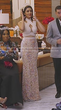Saba’s strappy halter top and embellished skirt on The Real Housewives of Dubai