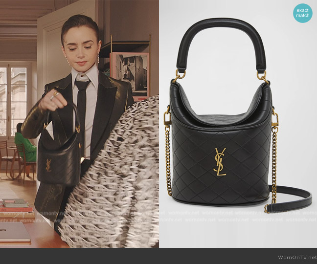 Saint Laurent Gaby Mini Leather Bucket Bag worn by Emily Cooper (Lily Collins) on Emily in Paris