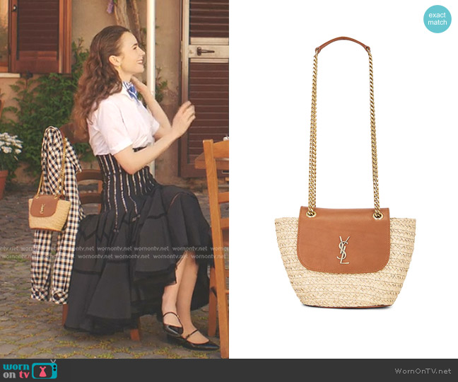 Saint Laurent Manon Mini Leather-trimmed Raffia Shoulder Bag worn by Emily Cooper (Lily Collins) on Emily in Paris