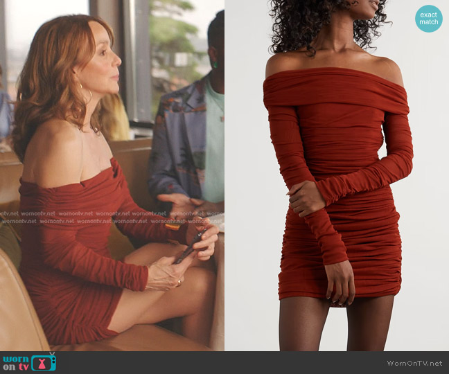 Saint Laurent Strapless Ruched Stretch-tulle Mini Dress worn by Sylvie (Philippine Leroy-Beaulieu) on Emily in Paris