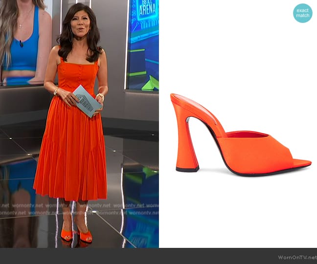 Saint Laurent Suite Satin Block-Heel Mules worn by Julie Chen on Big Brother