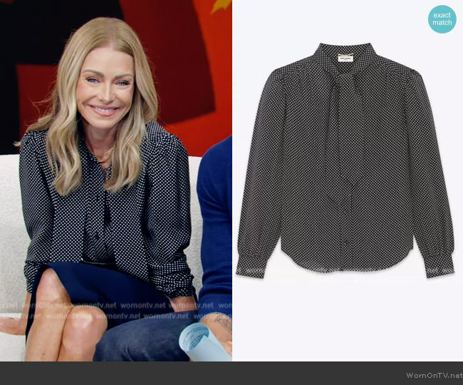 Saint Laurent Lavalliere Neck Blouse in Dotted Silk Satin worn by Kelly Ripa on Live with Kelly and Mark