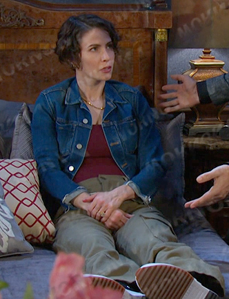 Sarah’s denim jacket and sneakers on Days of our Lives