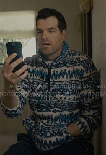 Sasha’s blue printed fleece pullover on Nobody Wants This