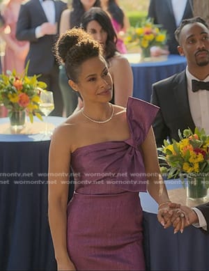 Shanelle’s purple bow one-shoulder dress on Reasonable Doubt