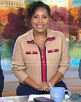 Sheinelle’s beige cable knit zip front sweater on Today