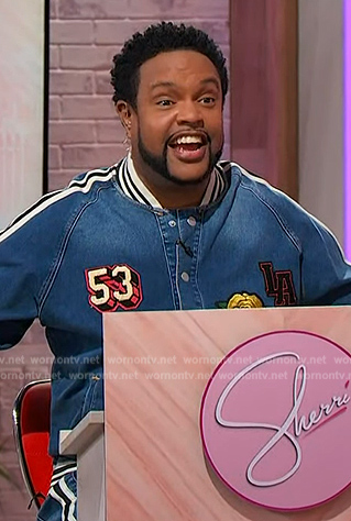 Jawn’s denim patch jacket and jeans on Sherri