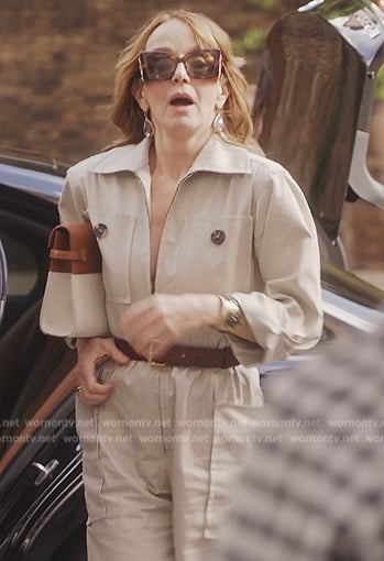 Sylvie’s beige utility jumpsuit on Emily in Paris