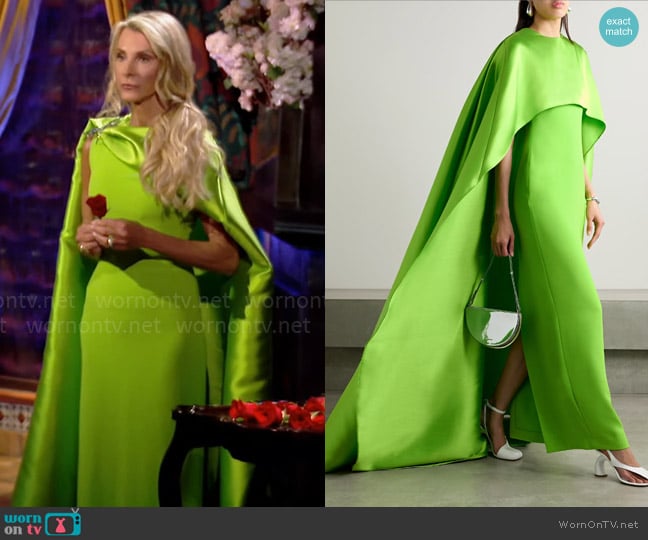 WornOnTV: Joan's green caped rose ceremony dress on The Golden Bachelorette | Joan Vassos | Clothes and Wardrobe from TV WornOnTV: Joan's green caped rose ceremony dress on The Golden Bachelorette | Joan Vassos | Clothes and Wardrobe from TV