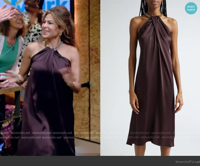 Stella McCartney Chain Detail Satin Halter Dress worn by Eva Mendes on Live with Kelly and Mark
