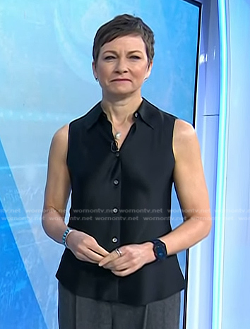 Stephanie’s black sleeveless satin shirt on Today
