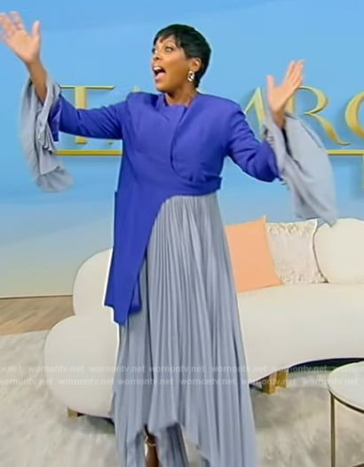 Tamron’s blue asymmetric mixed media dress on Tamron Hall Show