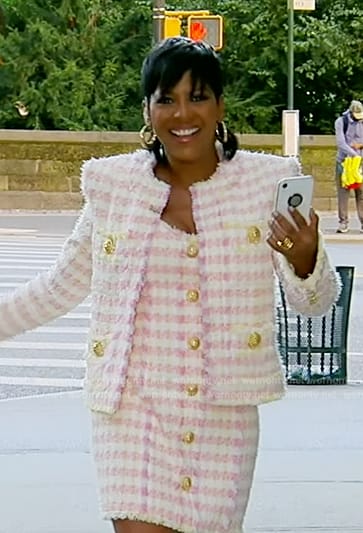 Tamron’s pink tweed dress and jacket on Tamron Hall Show