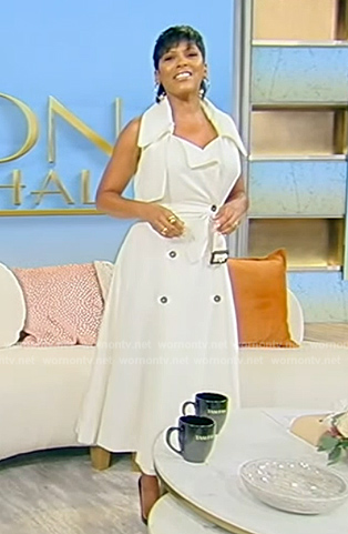 Tamron’s white belted trench dress on Tamron Hall Show