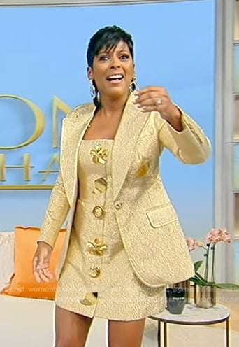 Tamron’s gold metallic dress and blazer on Tamron Hall Show