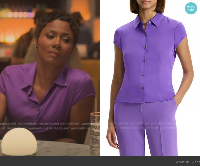 Theory Cap-Sleeve Silk Button-Front Shirt worn by Jax Stewart (Emayatzy Corinealdi) on Reasonable Doubt