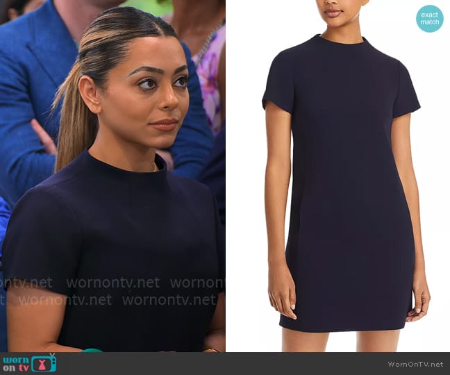 Theory Jasneah Admiral Crepe Mini Dress in Deep Navy worn by Jade Shenker on Owning Manhattan