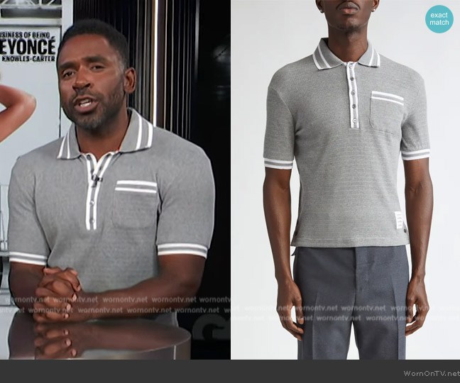 Thom Browne Open Stitch Cotton Polo worn by Justin Sylvester on E! News