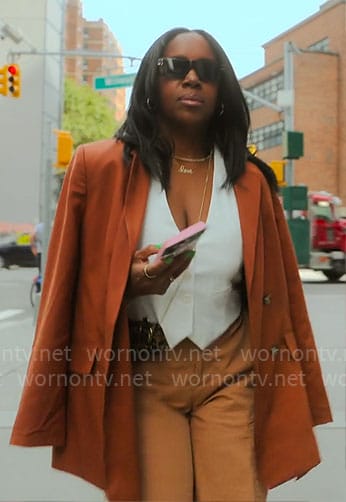 Tricia’s rust blazer and cargo pants on Owning Manhattan