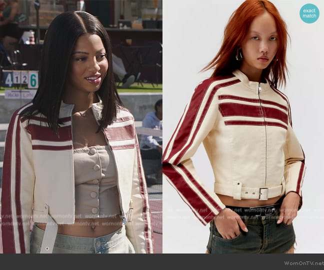 Urban Outfitters Jordan Faux Leather Fitted Racer Moto Jacket worn by Thea (Camille Hyde) on All American Homecoming