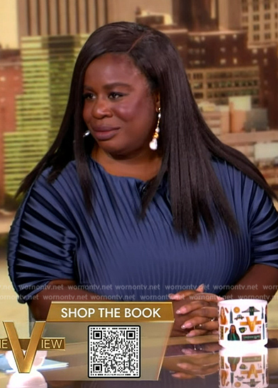 Uzo Aduba’s blue satin pleated dress on The View