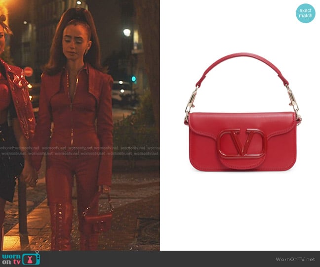 Valentino Garavani Small Locò Leather Shoulder Bag worn by Emily Cooper (Lily Collins) on Emily in Paris