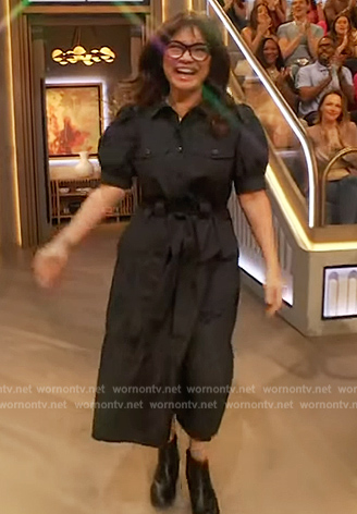 Valerie Bertinelli’s black puff sleeve shirtdress on The Drew Barrymore Show