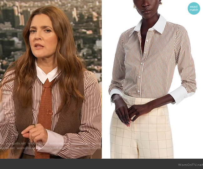 Veronica Beard Marisol Striped Cotton-Blend Long-Sleeve Shirt worn by Drew Barrymore on The Drew Barrymore Show