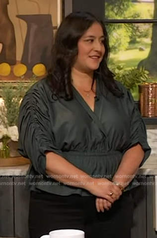 Veronica Garza’s green peplum wrap top on The Drew Barrymore Show