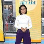 Vicky’s white sweater and purple draped side pants on Today
